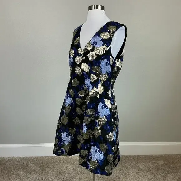 Badgley Mischka Metallic Floral Print A-Line Cocktail Dress Blue Multi Size 12 - Picture 5 of 13